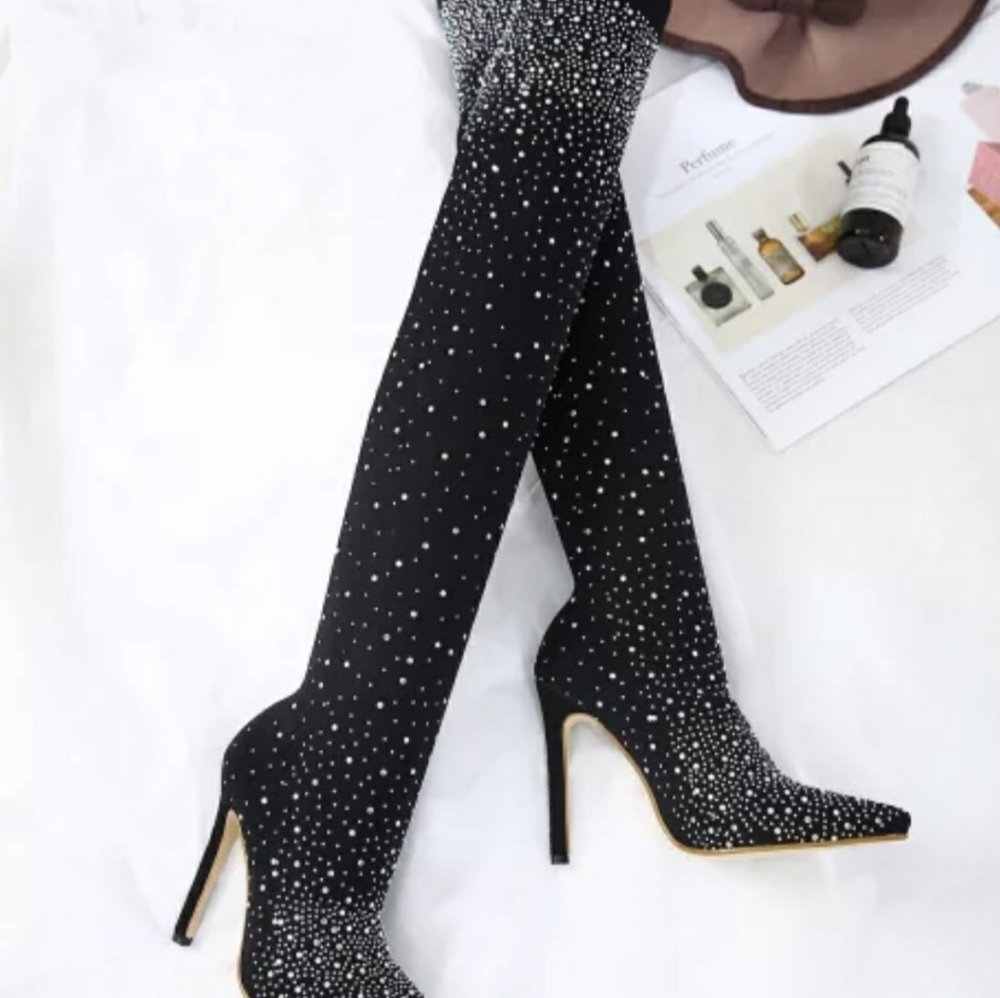 BLACK STOCKING HEEL/BOOTS WITH DIAMONDS SIZE 38 (KELOLA DS) BRAND - Picture 2 of 7